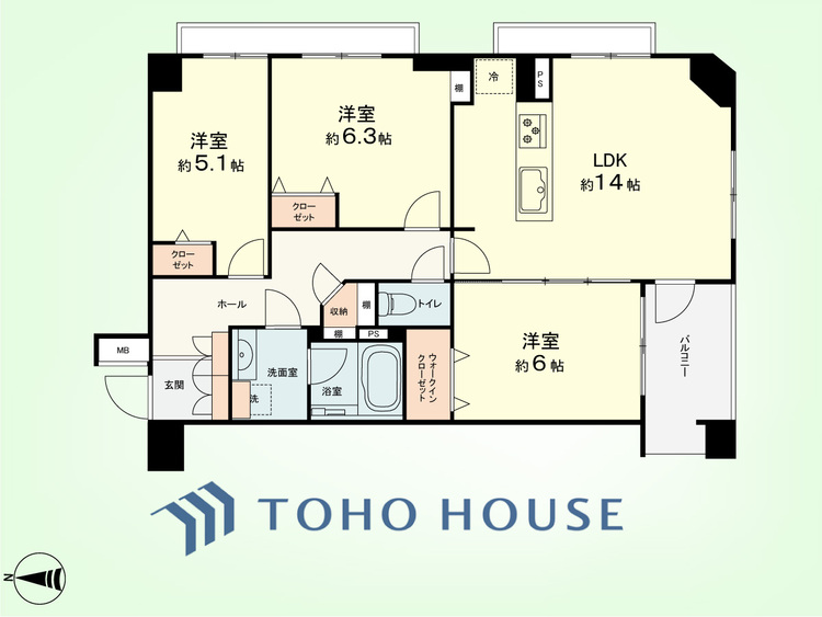 間取り 3LDK　専有面積72.41平米、バルコニー面積5.82平米