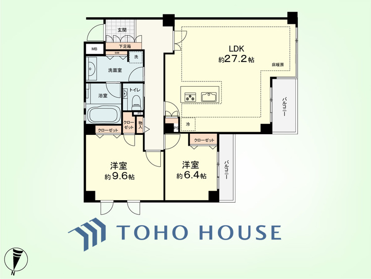 間取り 2LDK　専有面積100.99平米、バルコニー面積9.09平米
