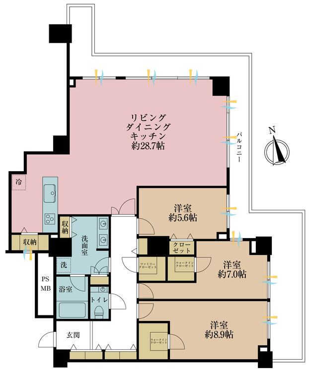 間取り 3LDK、専有面積121.26?、バルコニー面積30.8? 