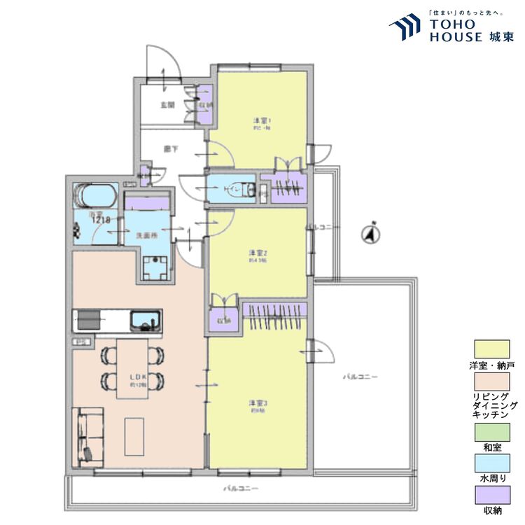 間取り ３ＬＤＫ、専有面積62.81平米、バルコニー面積9.03平米