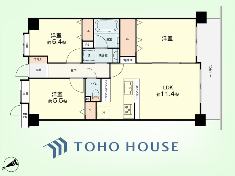間取り 3LDK　専有面積63.39平米、バルコニー面積8.27平米