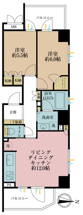 その他 2LDK、専有面積57.16m2、バルコニー面積11.34m2