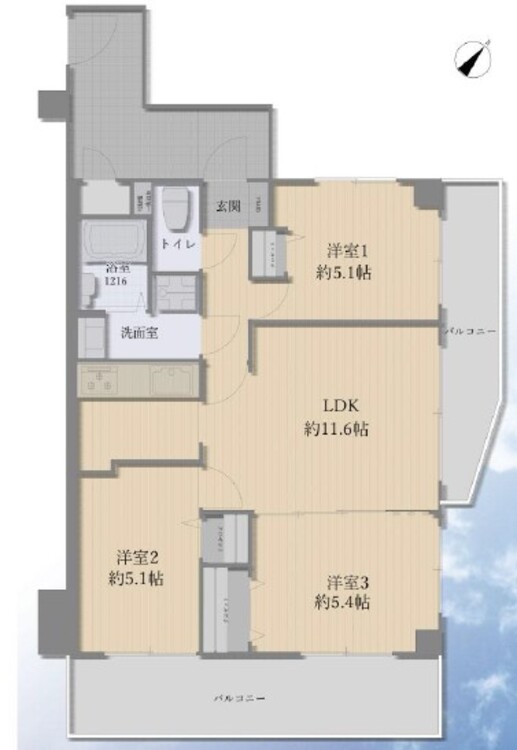 間取り 勾配天井で天井高が高く開放感があります