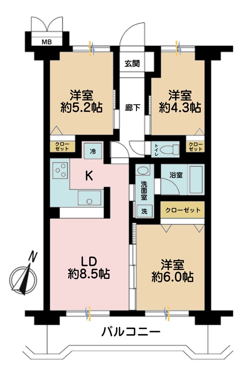 その他 3LDK、専有面積57.78m2、バルコニー面積8.79m2