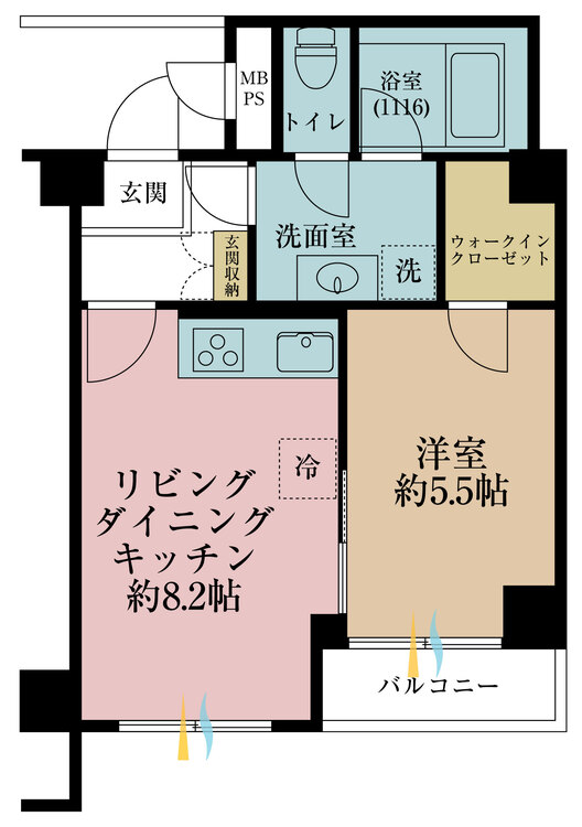 間取り 1LDK、専有面積36.1m2、バルコニー面積2.63m2