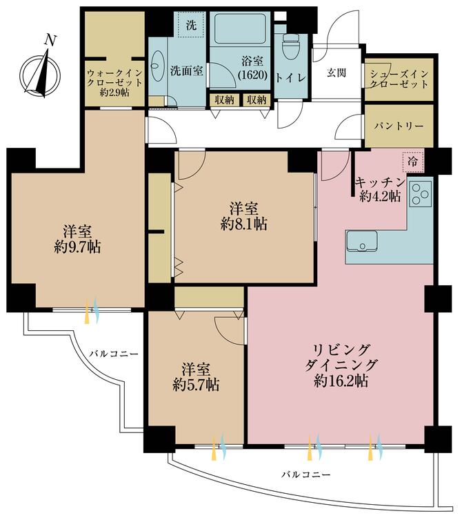 間取り 3LDK、専有面積106.74m2、バルコニー面積14.25m2