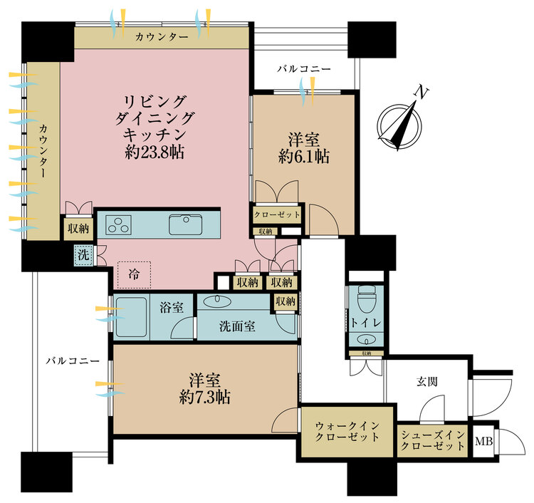 間取り 2LDK、専有面積89.69m2、バルコニー面積13.2m2