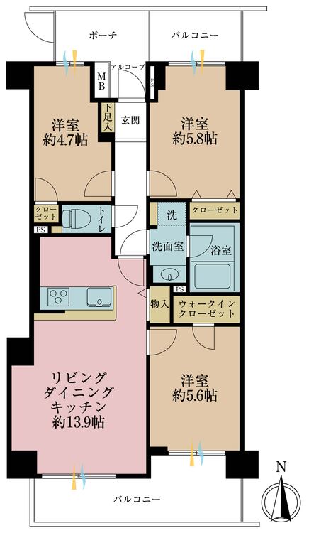 間取り 3LDK、専有面積64.49m2、バルコニー面積12.88m2