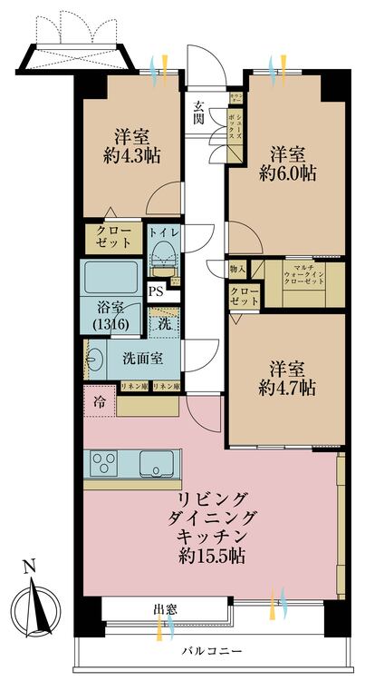 その他 3LDK、専有面積66.85?、バルコニー面積8.26? 