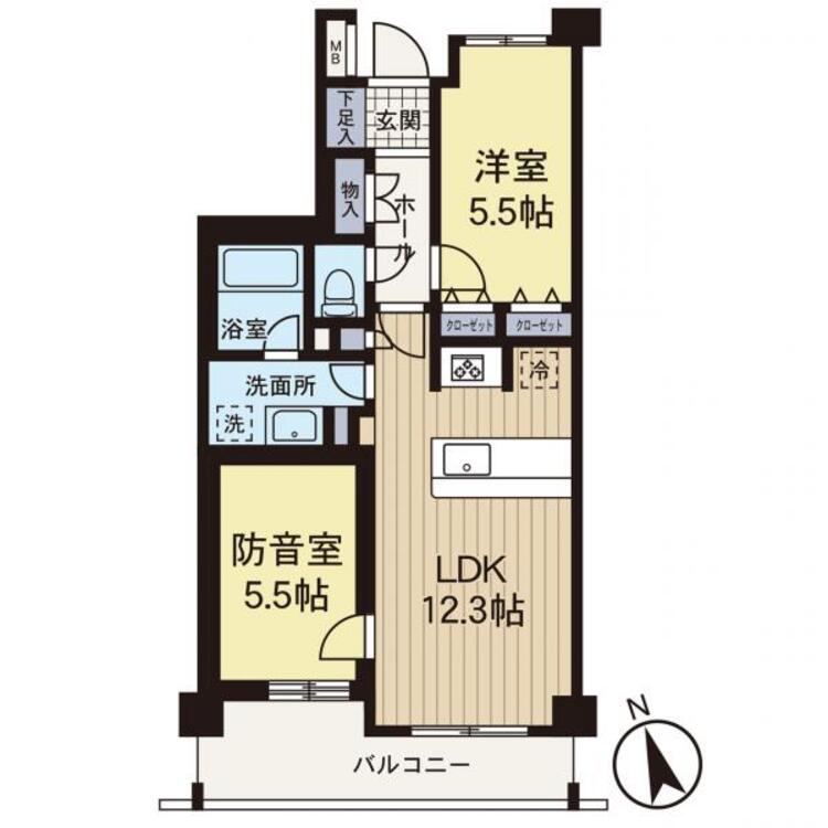 間取り 【間取り図】南向きで陽当たりが良い2LDKの間取りです。