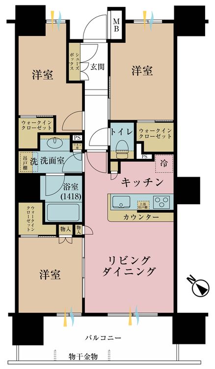 間取り ３ＬＤＫ、専有面積６８．６６平米、バルコニー面積１１．１６平米