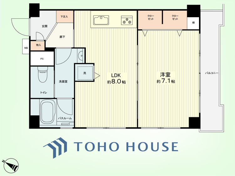 間取り 1LDK　専有面積37.74平米、バルコニー面積5.10平米
