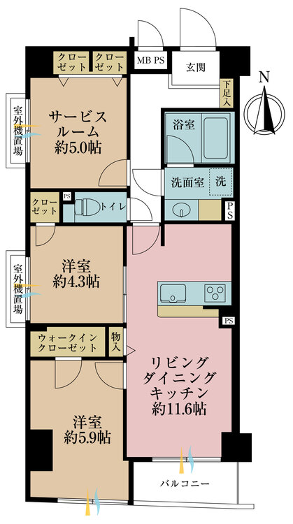 間取り 2LDK+S（納戸）、専有面積64.01m2、バルコニー面積3.43m2