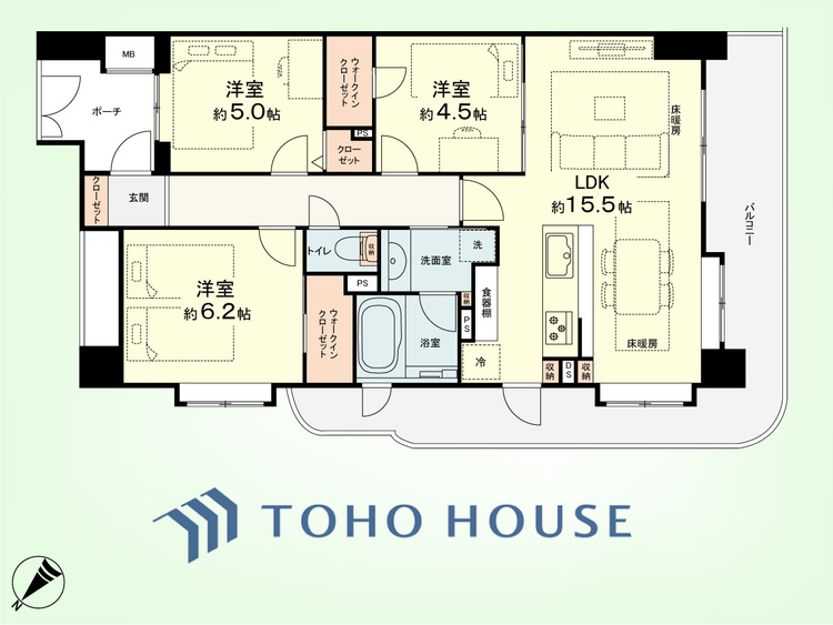 間取り 3LDK　専有面積70.74平米、バルコニー面積18.37平米
