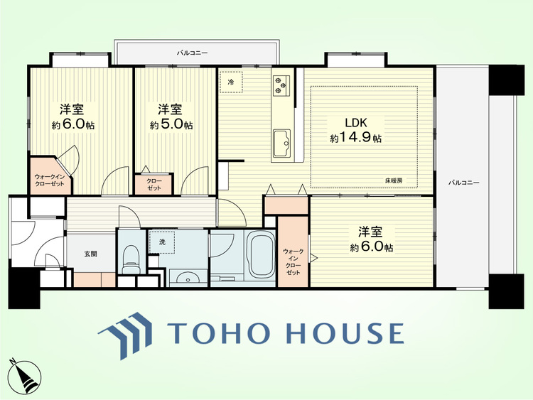 間取り 3LDK+TR　専有面積72.47平米、バルコニー面積12.80平米