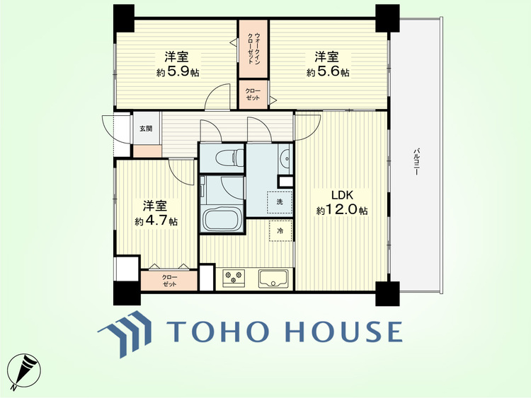 間取り 3LDK　専有面積63.32平米、バルコニー面積12平米