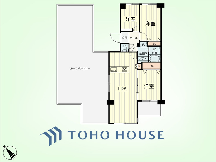 間取り 3LDK　専有面積67.30平米、バルコニー面積4.69平米、ルーフバルコニー面積38.30平米