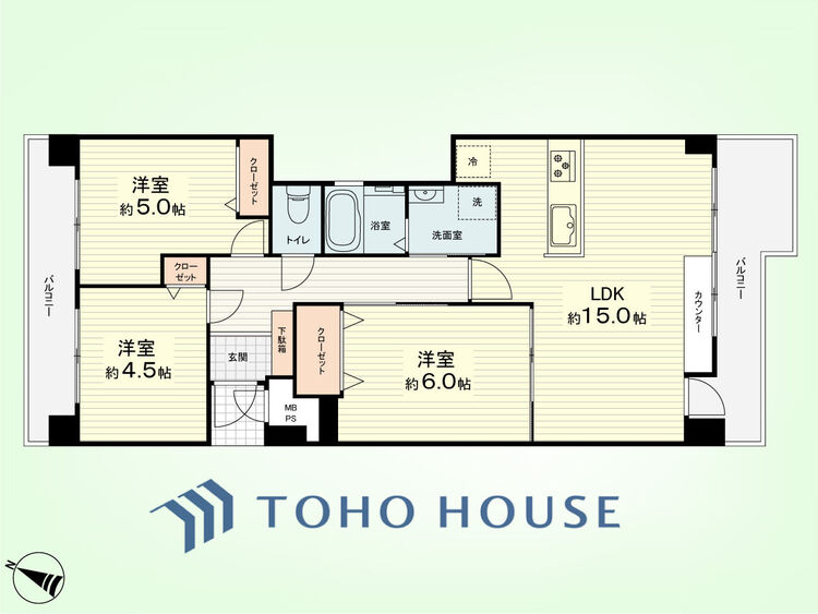 間取り 3LDK　専有面積65.77平米、バルコニー面積14.75平米