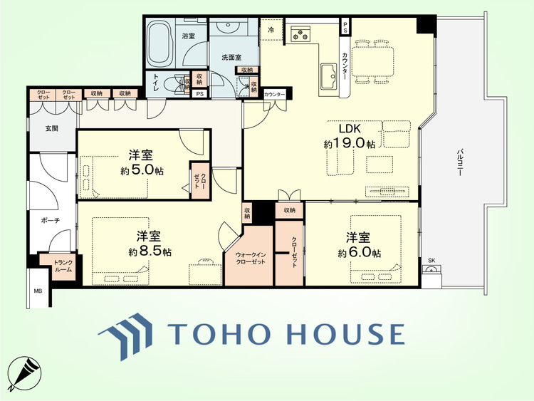 間取り 3LDK+TR　専有面積90.61平米、バルコニー面積17.1平米