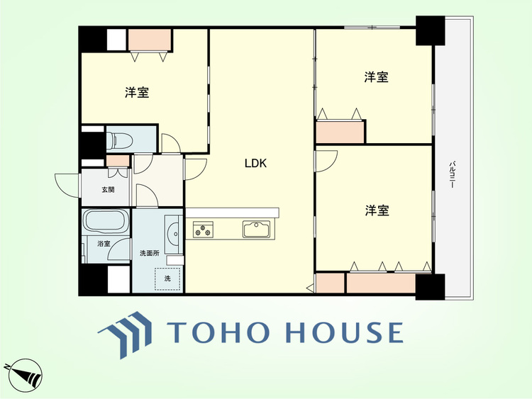 間取り 3LDK　専有面積80.63平米、バルコニー面積10.68平米