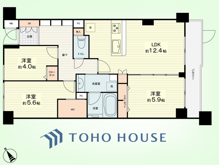 間取り 3LDK　専有面積67.48平米、バルコニー面積5.80平米
