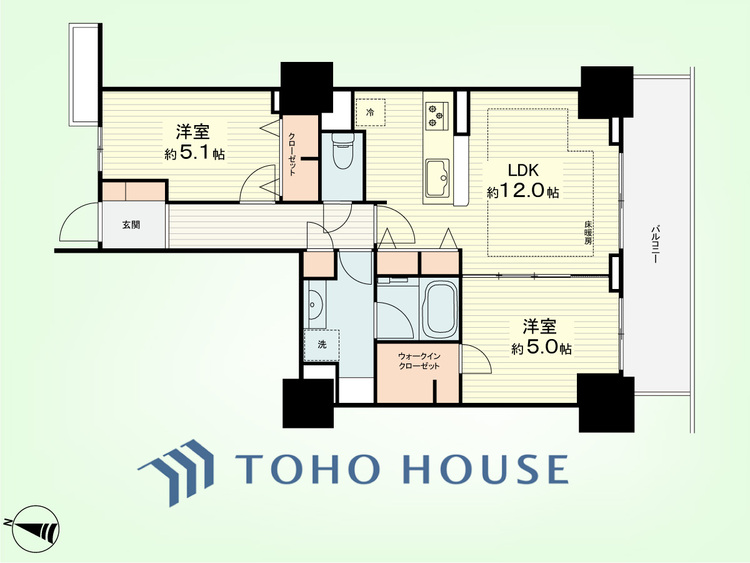 間取り 2LDK　専有面積58.44平米、バルコニー面積9.82平米