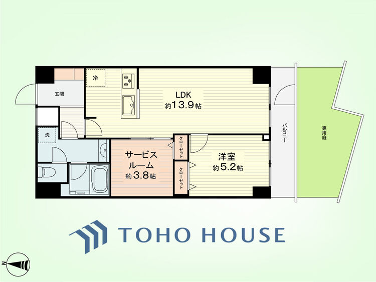 間取り 1SLDK　専有面積51.84平米、バルコニー面積5.4平米、専用庭面積10.72平米
