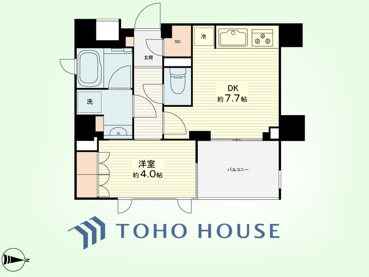 間取り 1DK　専有面積33.49平米、バルコニー面積5.70平米