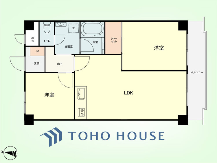 間取り 2LDK　専有面積50.60平米、バルコニー面積5.88平米