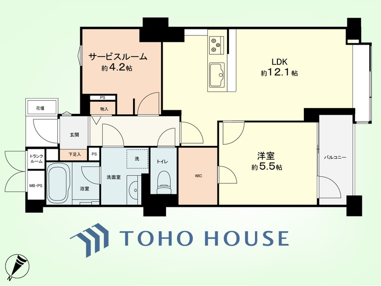 間取り 1SLDK+TR　専有面積52.84平米、バルコニー面積3.91平米
