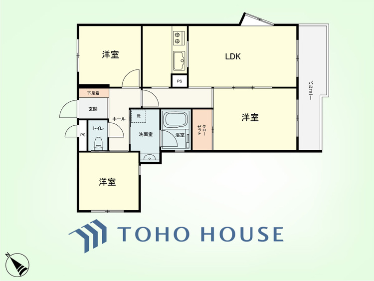 間取り 3LDK　専有面積61.25平米、バルコニー面積7.15平米