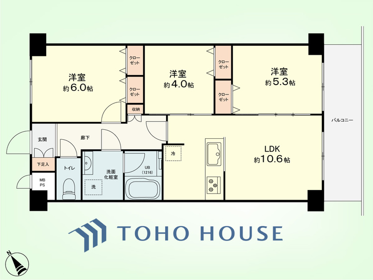 間取り 3LDK　専有面積59.32平米、バルコニー面積7.45平米