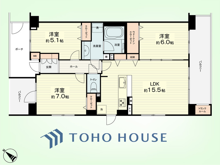 間取り 3LDK　専有面積75.12平米、バルコニー面積14.8平米