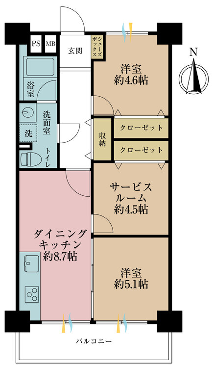 間取り 2DK+S（納戸）、専有面積54m2、バルコニー面積7.5m2