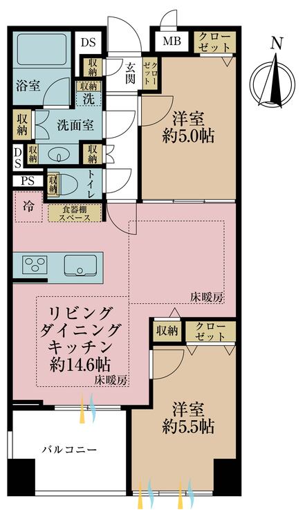 間取り 2LDK、専有面積56.47m2、バルコニー面積5.6m2