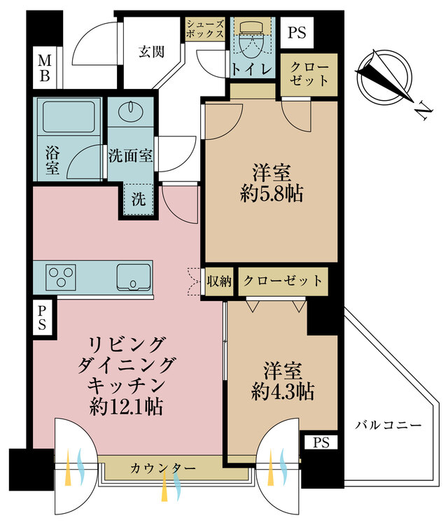 間取り 2LDK、専有面積54.2m2、バルコニー面積4.84m2