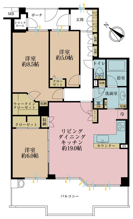 間取り 3LDK、専有面積90.61m2、バルコニー面積17.1m2