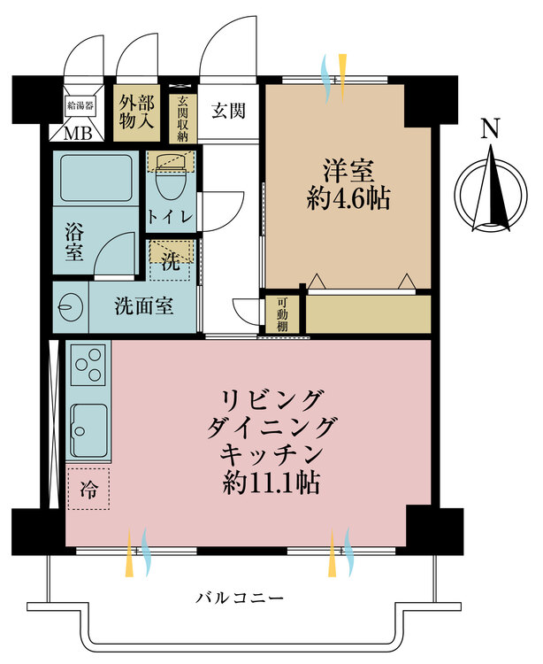 間取り 1LDK、専有面積39.9m2、バルコニー面積9.52m2