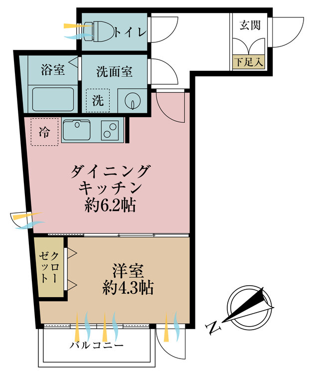 間取り 1DK、専有面積30.25m2、バルコニー面積2.2m2