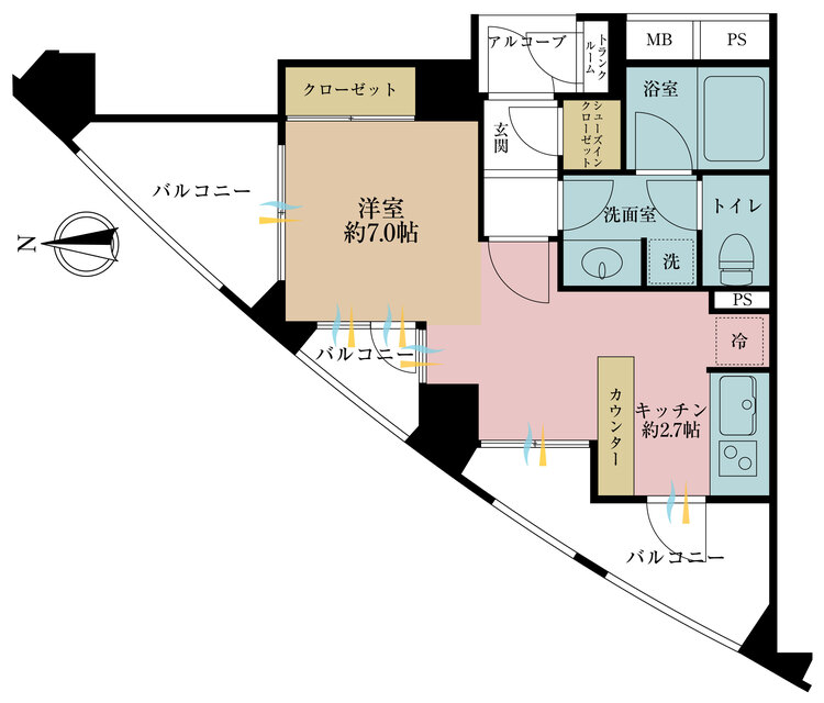 間取り 専有面積28.41m2、バルコニー面積11.16m2