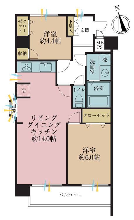 間取り 2LDK、専有面積59.3m2、バルコニー面積5.65m2