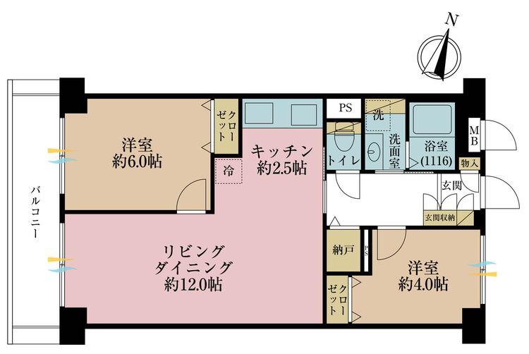 間取り 2LDK、専有面積57.12m2、バルコニー面積6.86m2