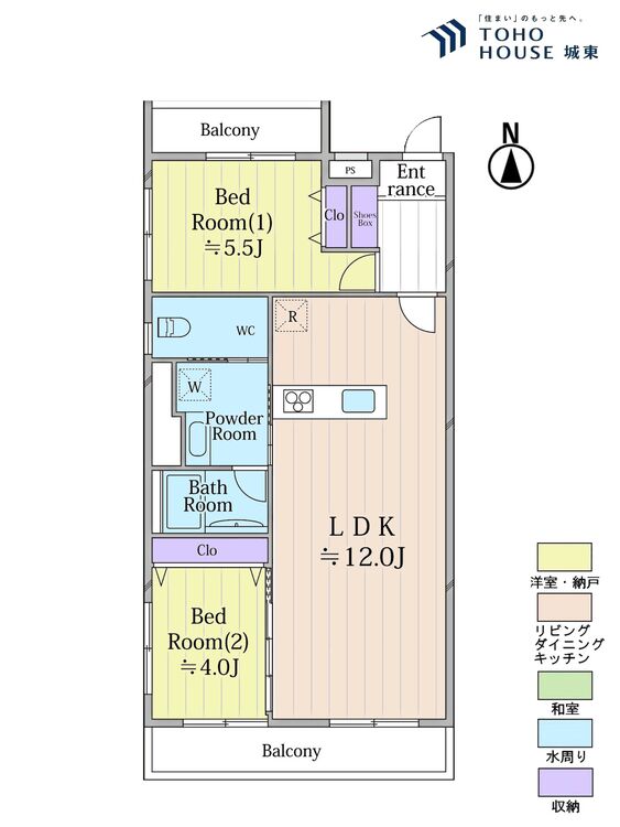 間取り ２ＬＤＫ、専有面積５４．８９平米、バルコニー面積９.９平米