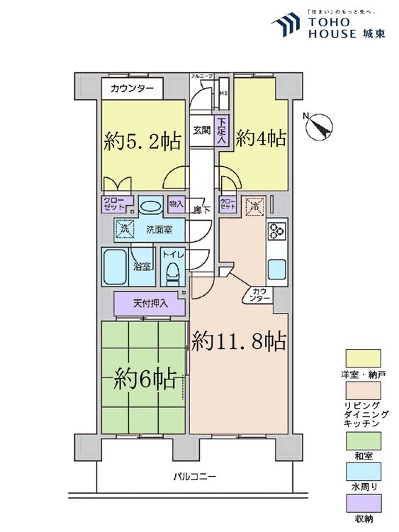 間取り ３ＬＤＫ、専有面積６２平米、バルコニー面積９．３８平米