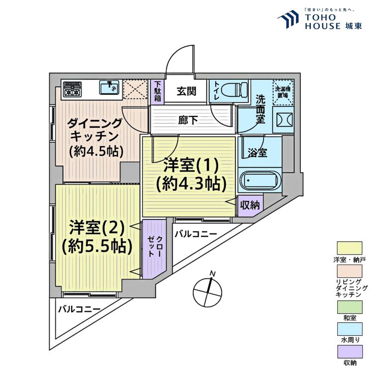 間取り ２ＤＫ、専有面積４０．５３平米、バルコニー面積４．１９平米