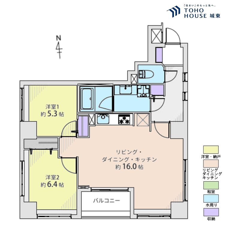 間取り ２ＬＤＫ、専有面積６１．９０平米、バルコニー面積３．７８平米