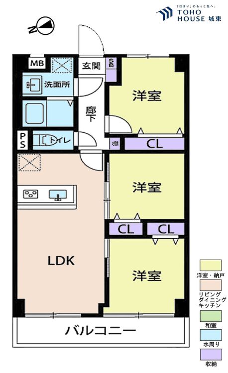 間取り ３ＬＤＫ、専有面積６１．６０平米、バルコニー面積７．２８平米