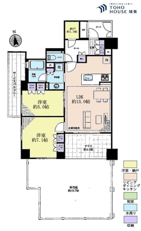 間取り ２ＳＬＤＫ、専有面積６４．７８平米、バルコニー面積６．２７平米