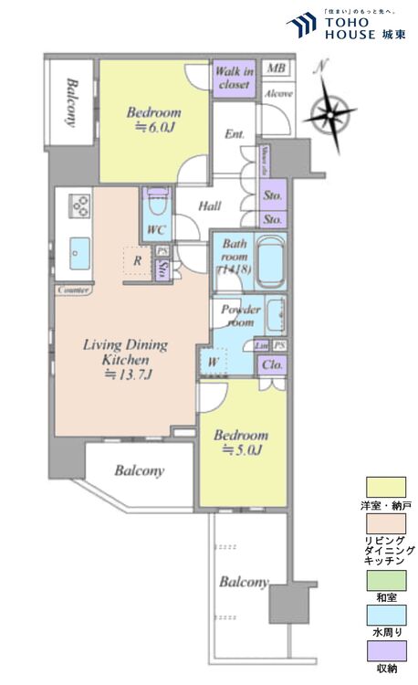 間取り ２ＬＤＫ、専有面積５９．４５平米、バルコニー面積１６．３３平米