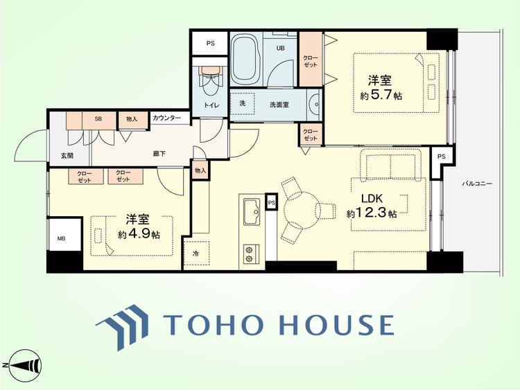間取り 2LDK　専有面積52.36平米、バルコニー面積7.71平米